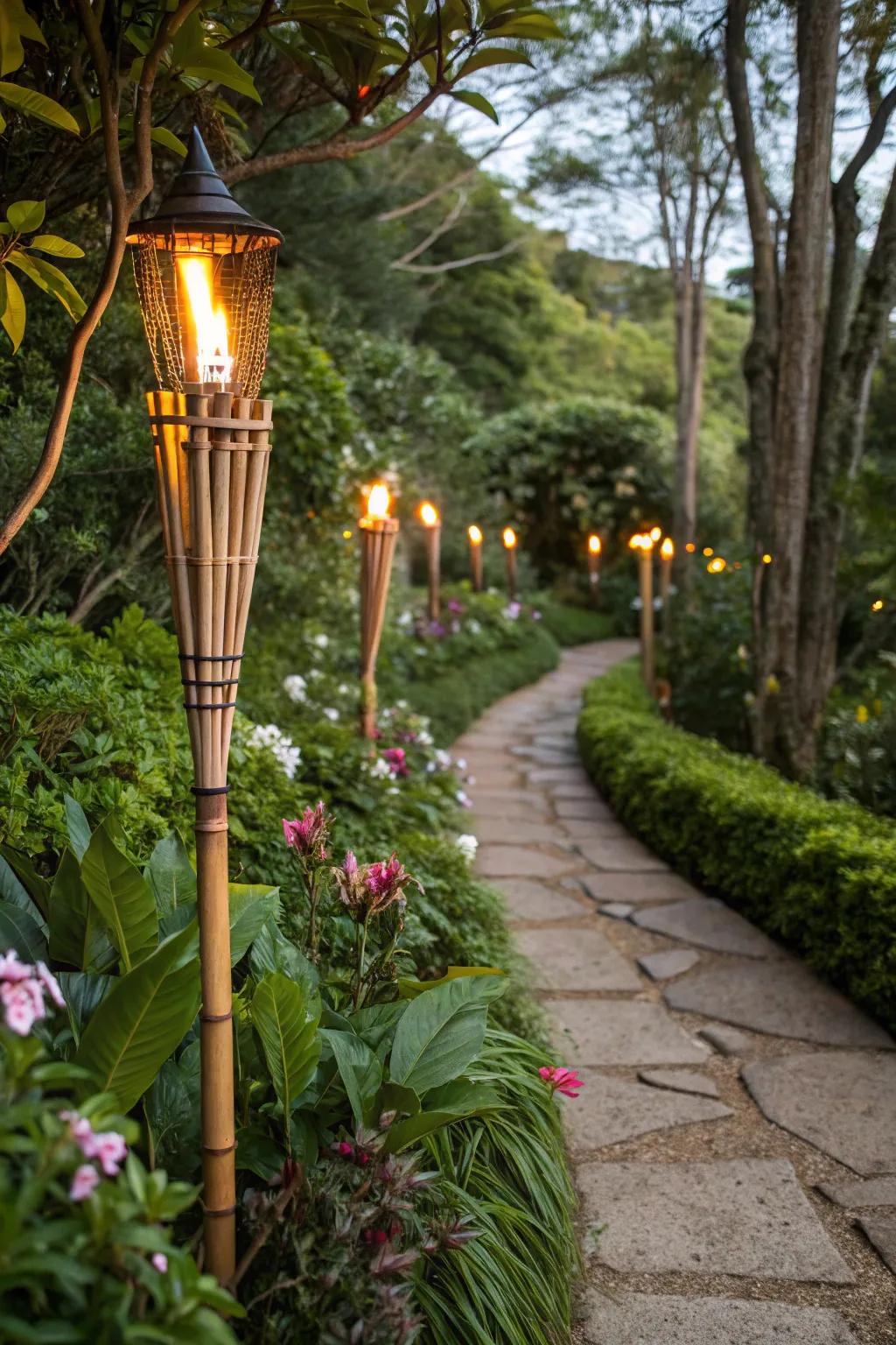 Bamboo tiki torches bring a touch of the tropics to your backyard retreat.
