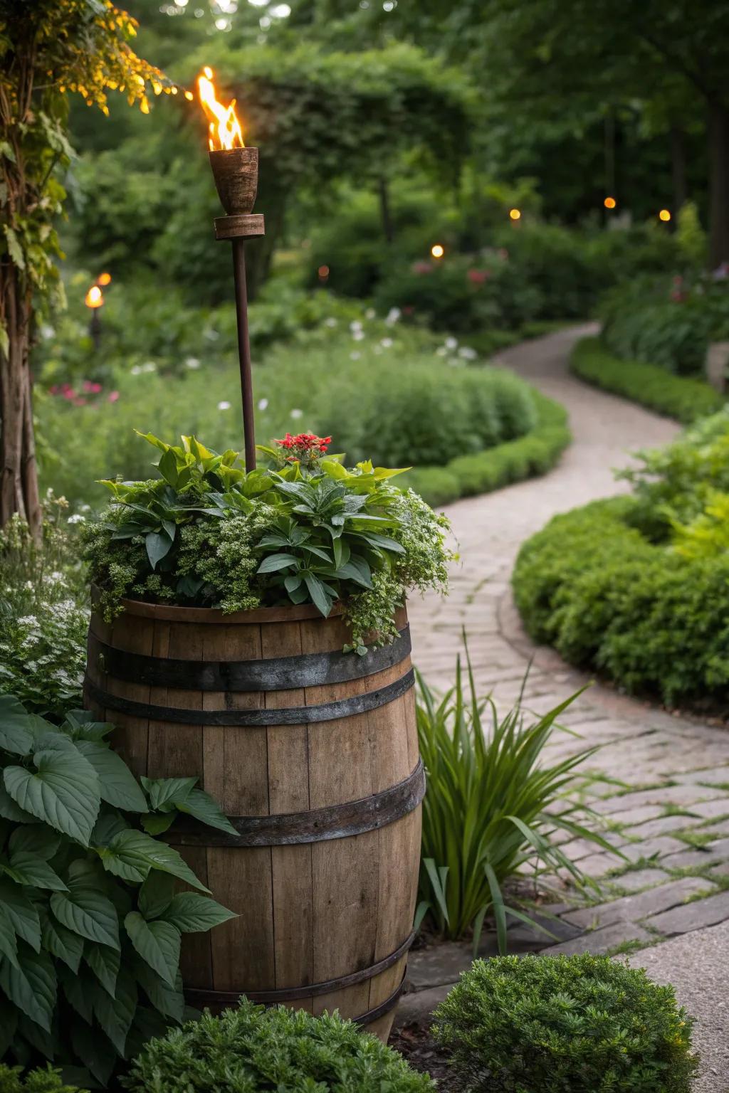 A wooden barrel planter provides a rustic foundation for tiki torch lighting.