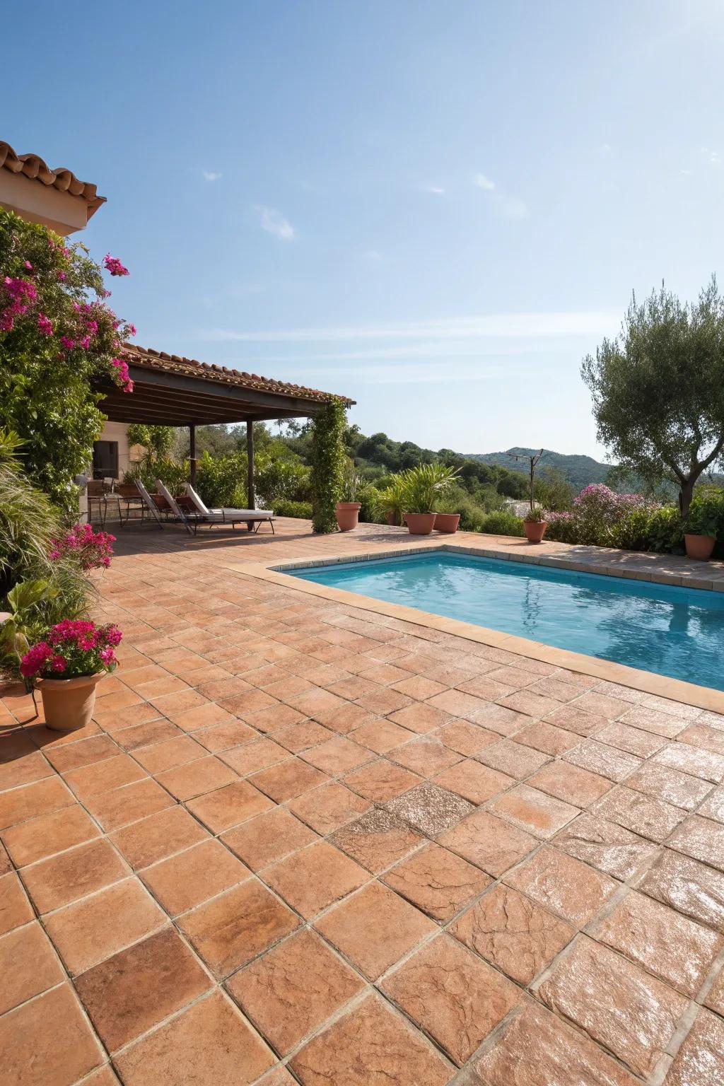 Terracotta tiles infuse your pool deck with warm, Mediterranean vibes.