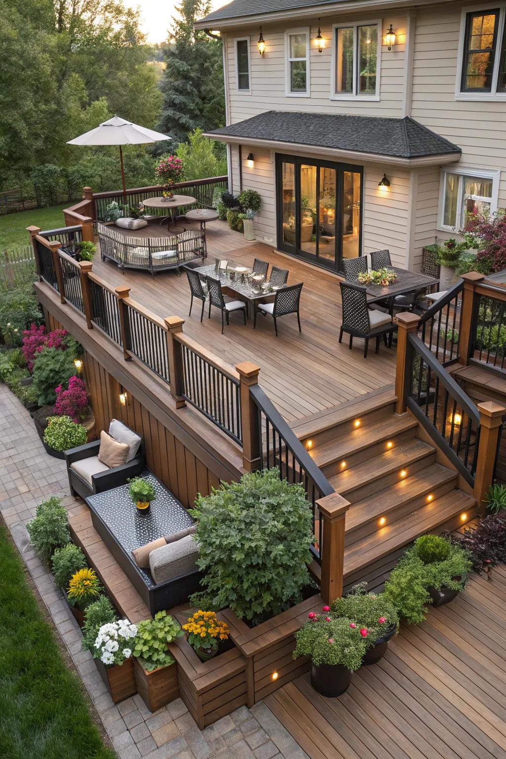 A multi-level timber deck offering diverse spaces for various activities.