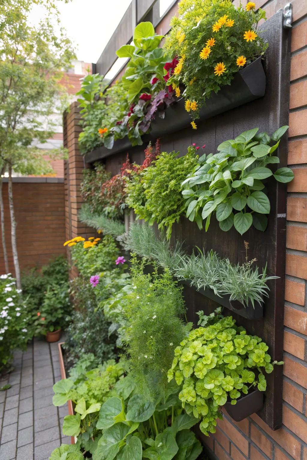 A vibrant vertical garden showcasing lush greenery and blooming flowers.