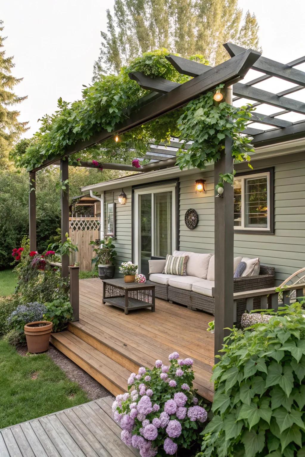 A covered deck allows for relaxing outdoors, regardless of the weather.