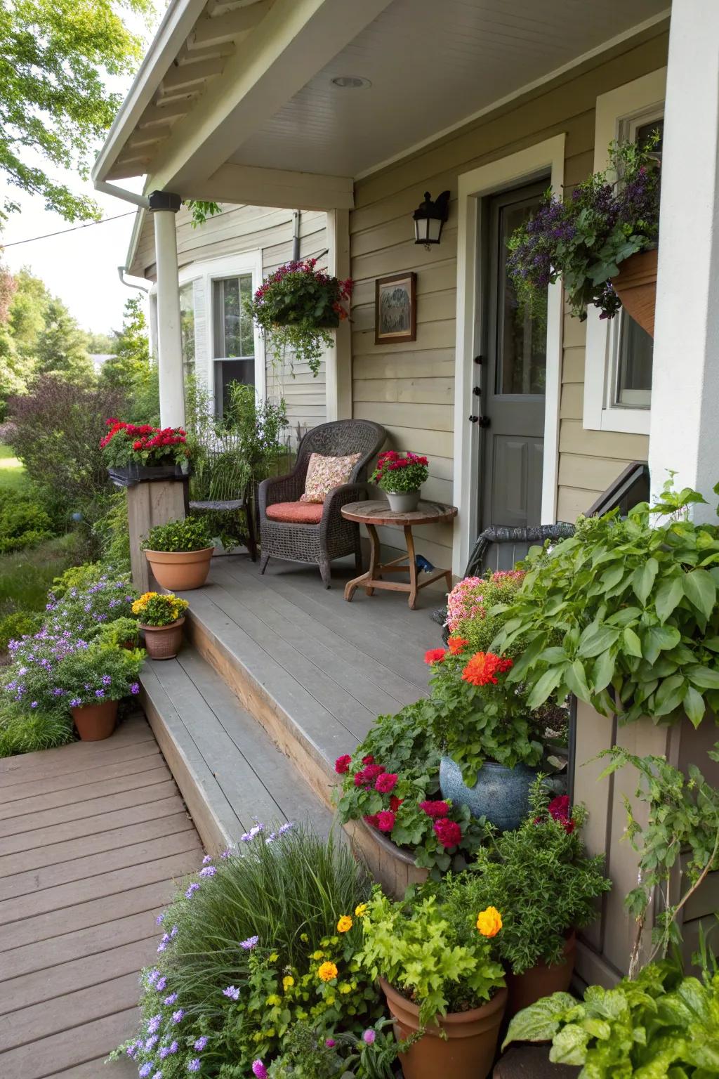 A garden-like atmosphere with potted plants on the porch.