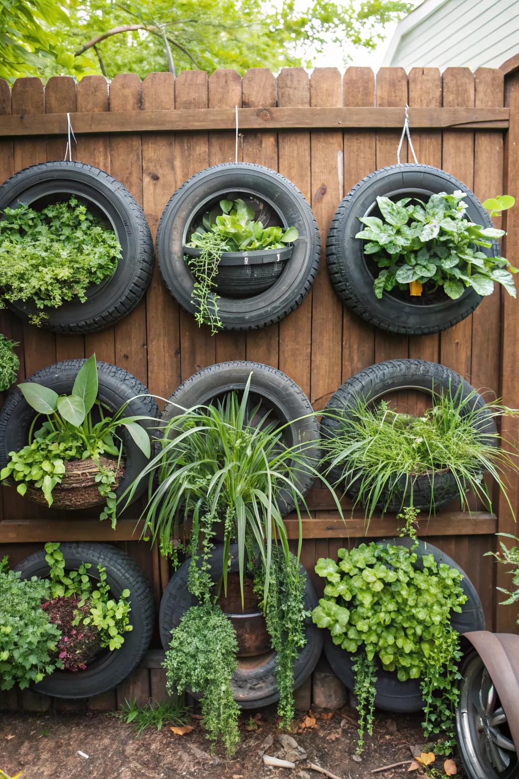 Vertical tire gardens are perfect for small spaces.