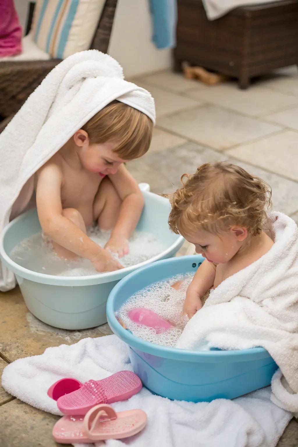 Bubbly foot soaks are a delightful sensory experience for toddlers.