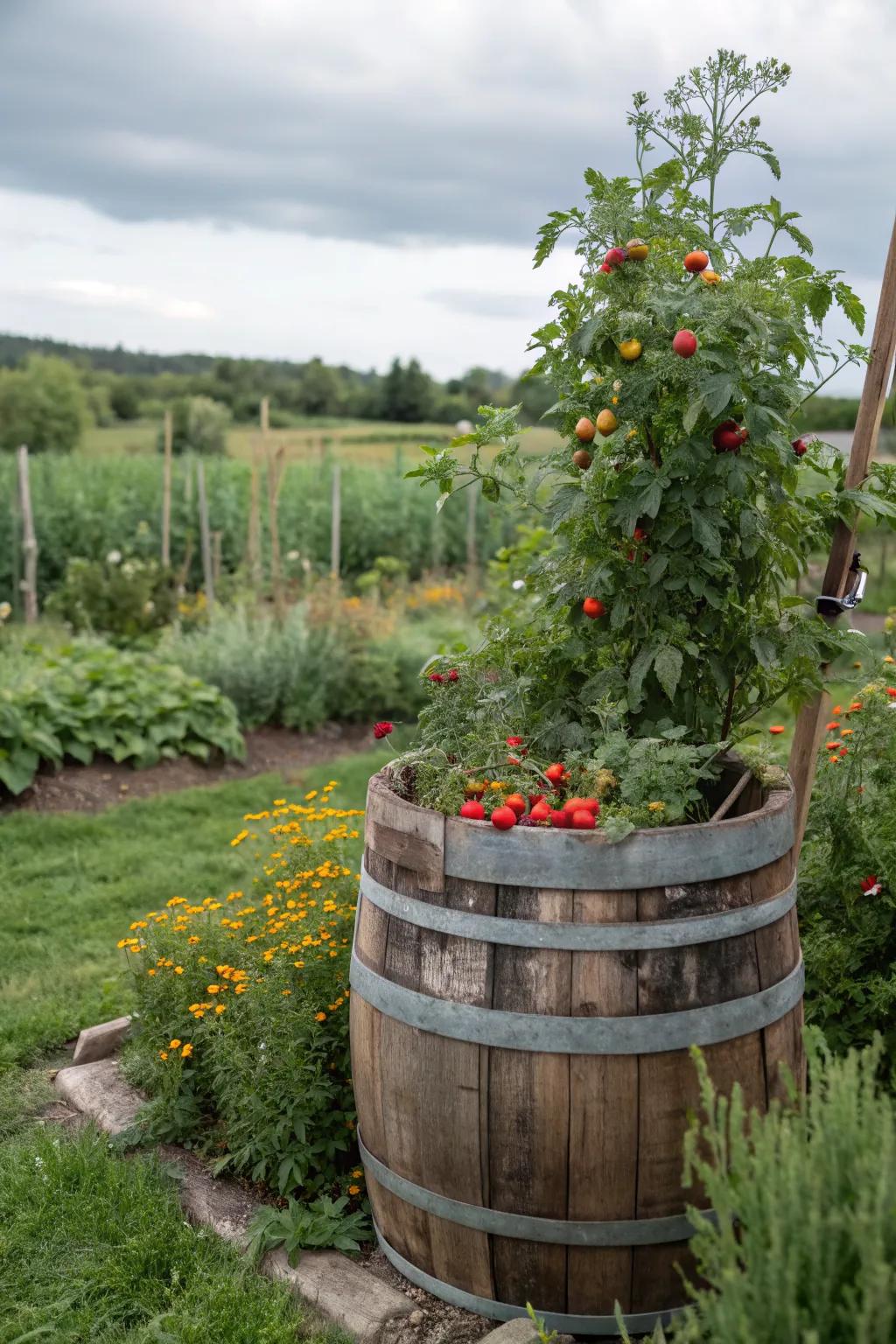 Whiskey barrels add a rustic charm to your tomato garden.