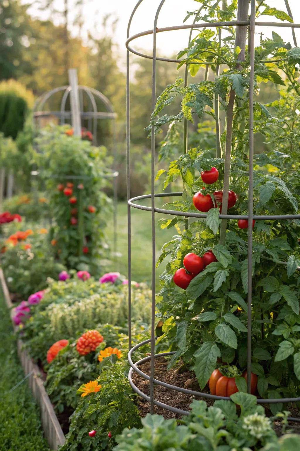 Metal cages ensuring upright growth and easy harvesting.