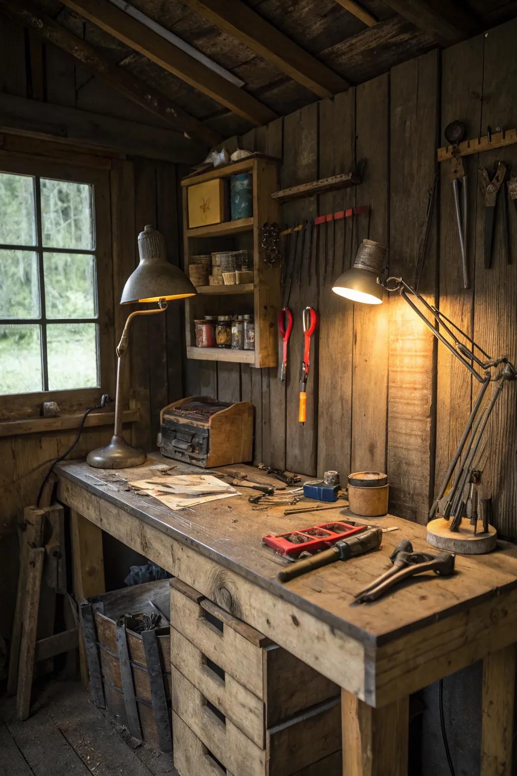 A rustic workbench adds charm and utility.