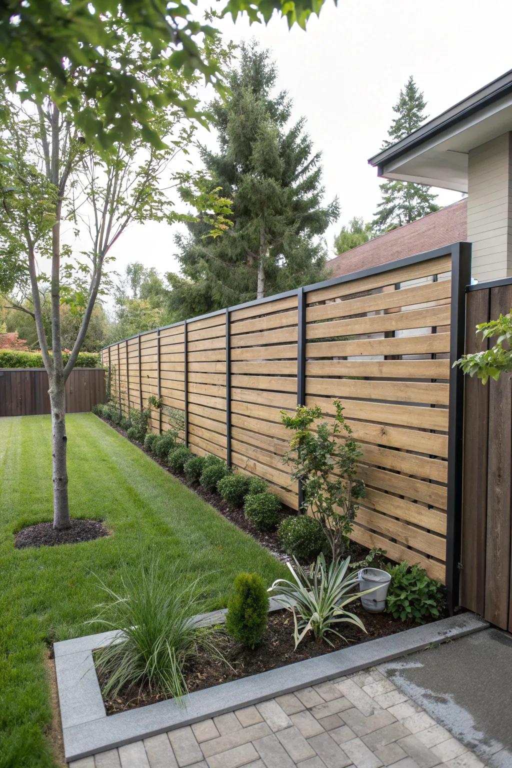 Slatted wood panels provide a modern touch to fences.