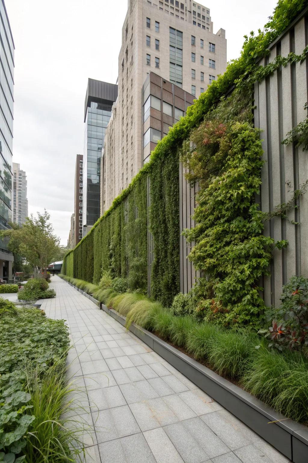 A vertical garden wall brings greenery and privacy.