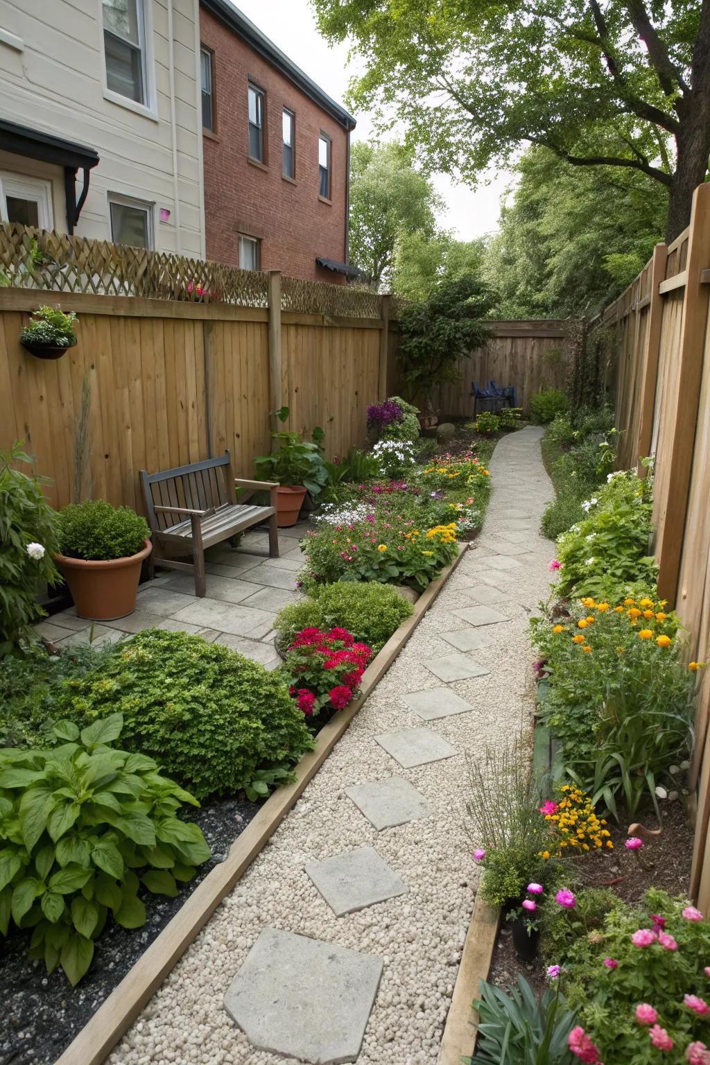 Decorative gravel creates a peaceful and low-maintenance landscape.