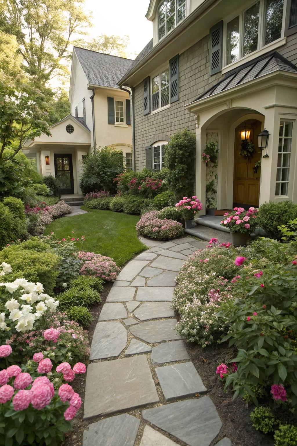 A charming stone pathway enhancing the appeal of a townhouse front yard.