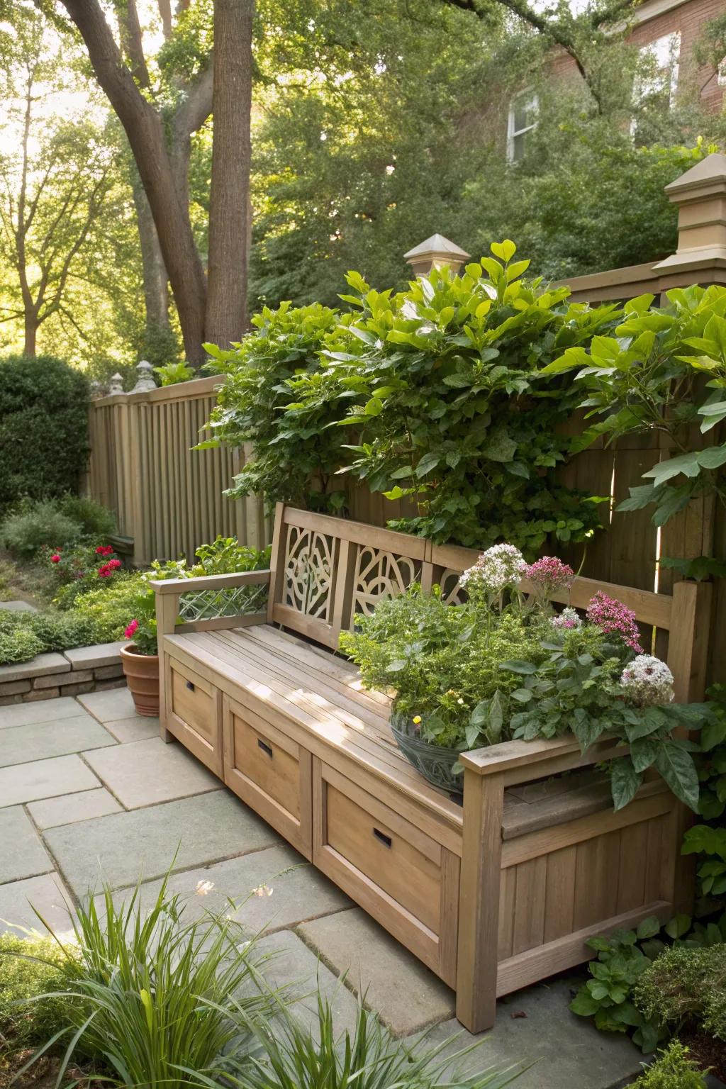 Multi-functional bench with storage in a townhouse garden, surrounded by lush greenery.