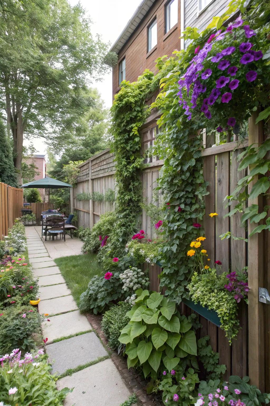 A vertical garden fence offers privacy with a touch of nature.