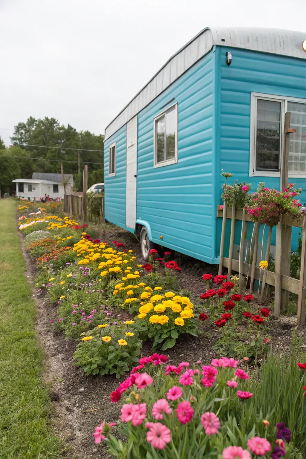 A trailer with eye-catching blue siding