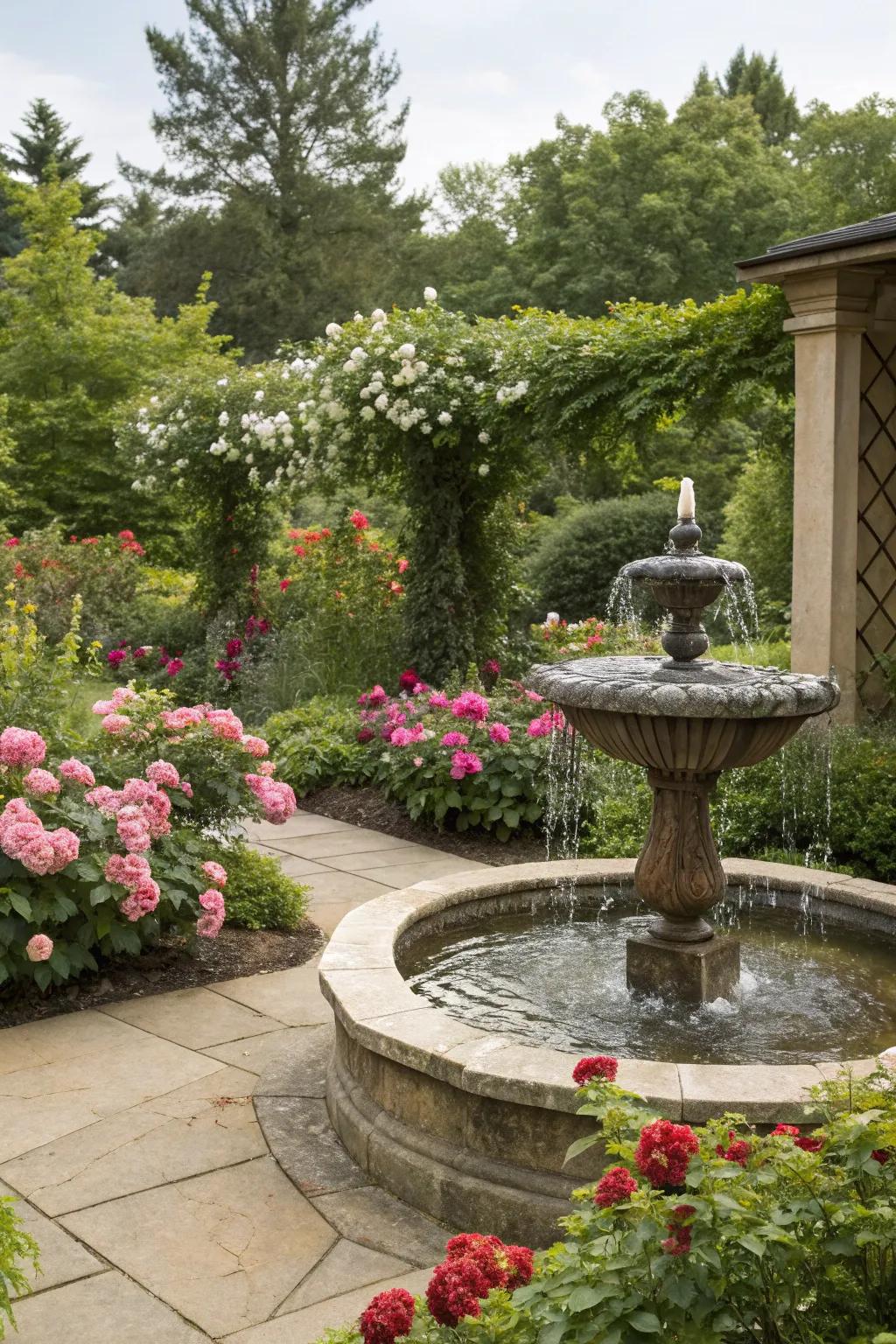A tranquil garden water feature surrounded by vibrant blooms.