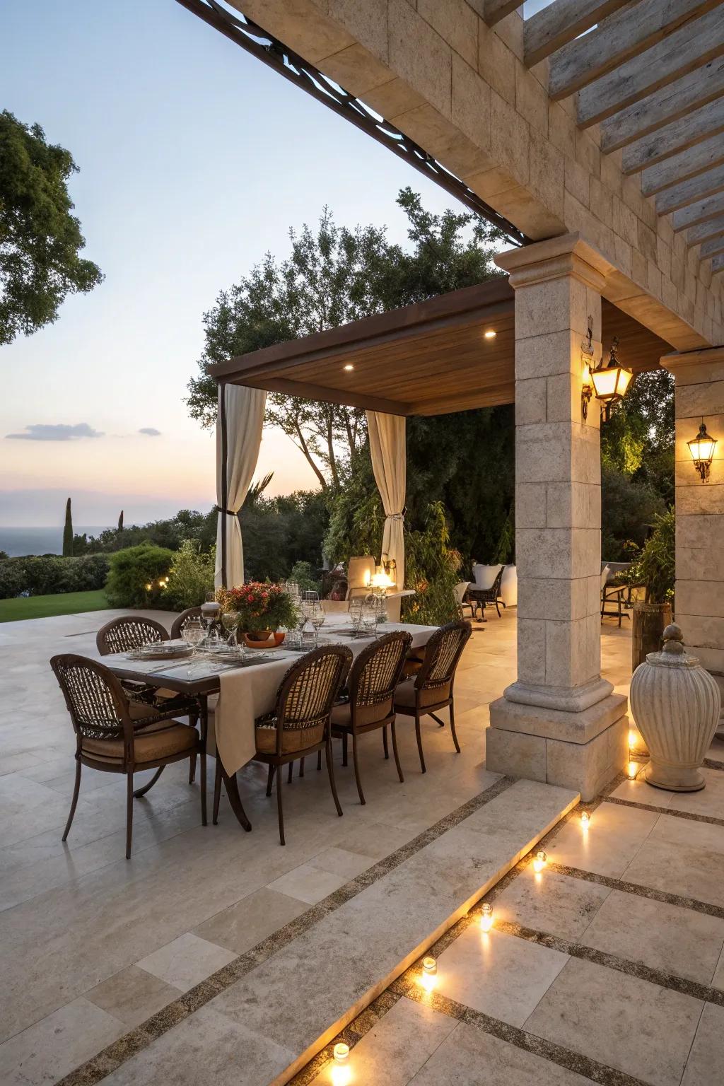 Dine outdoors in style with a travertine patio.