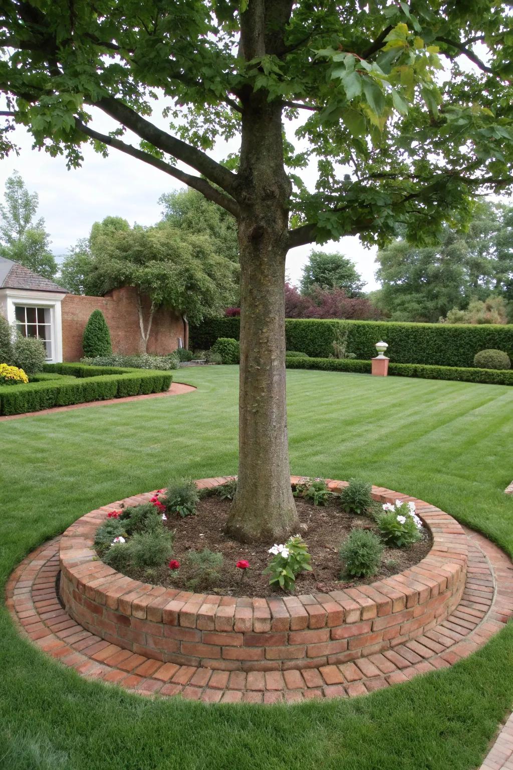 A tree bordered with neat brick edging.