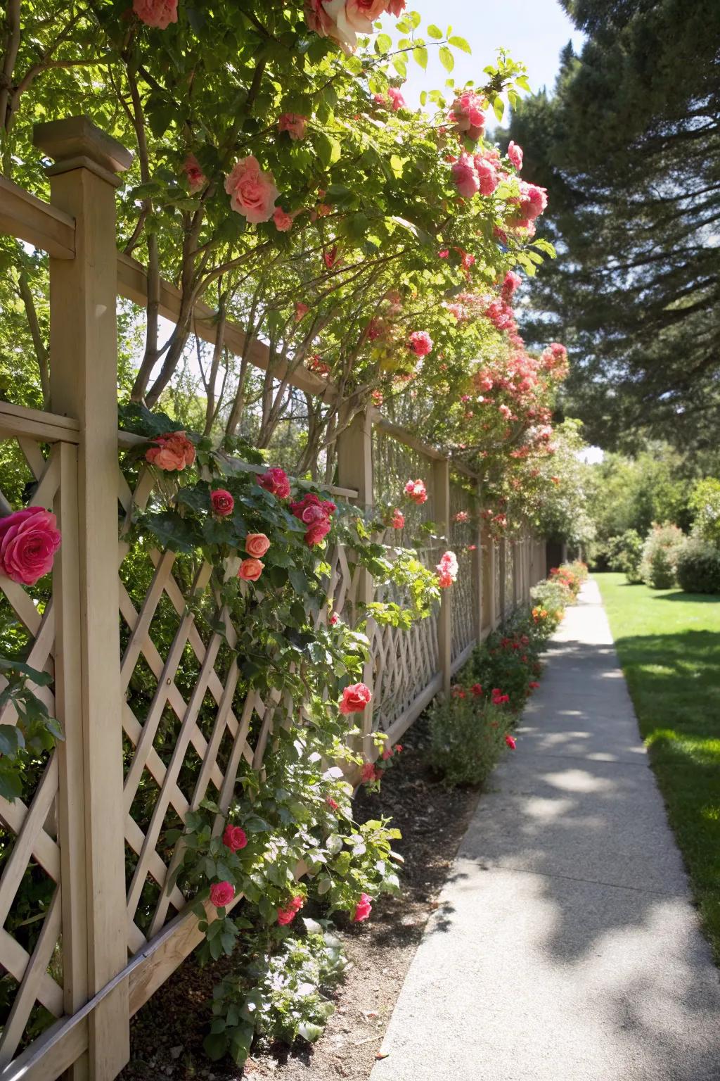 A lattice branch fence provides both structure and beauty for climbing plants.