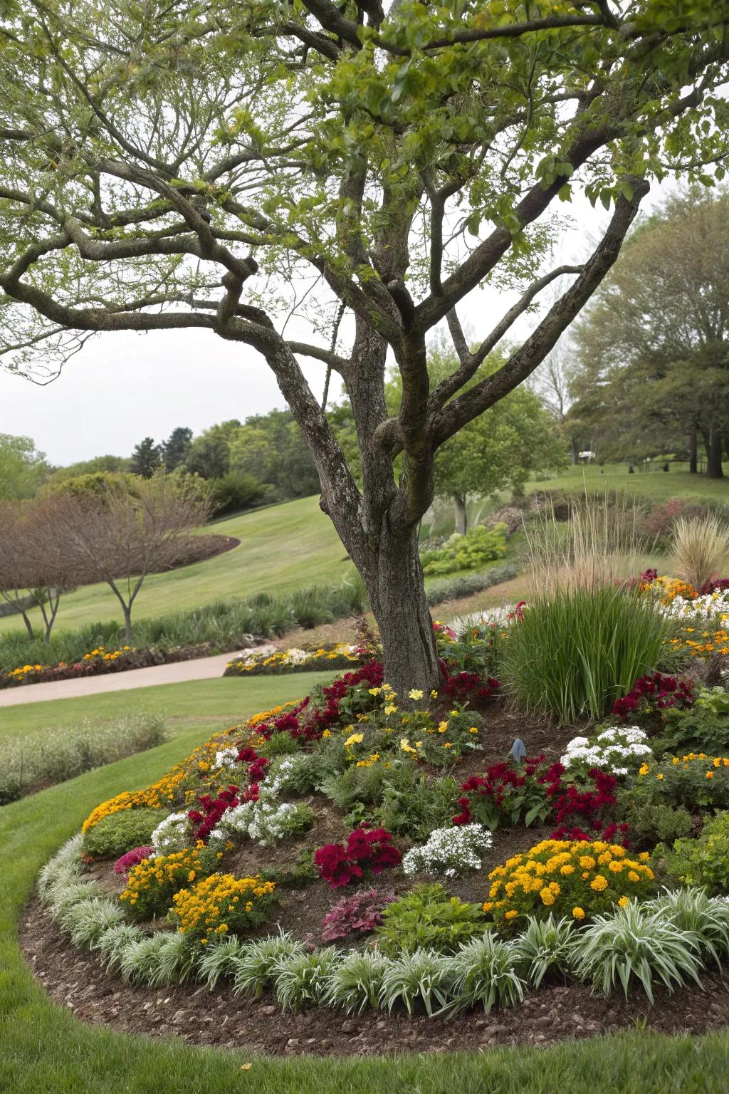 Layered planting adds depth and dimension to your tree flower bed.