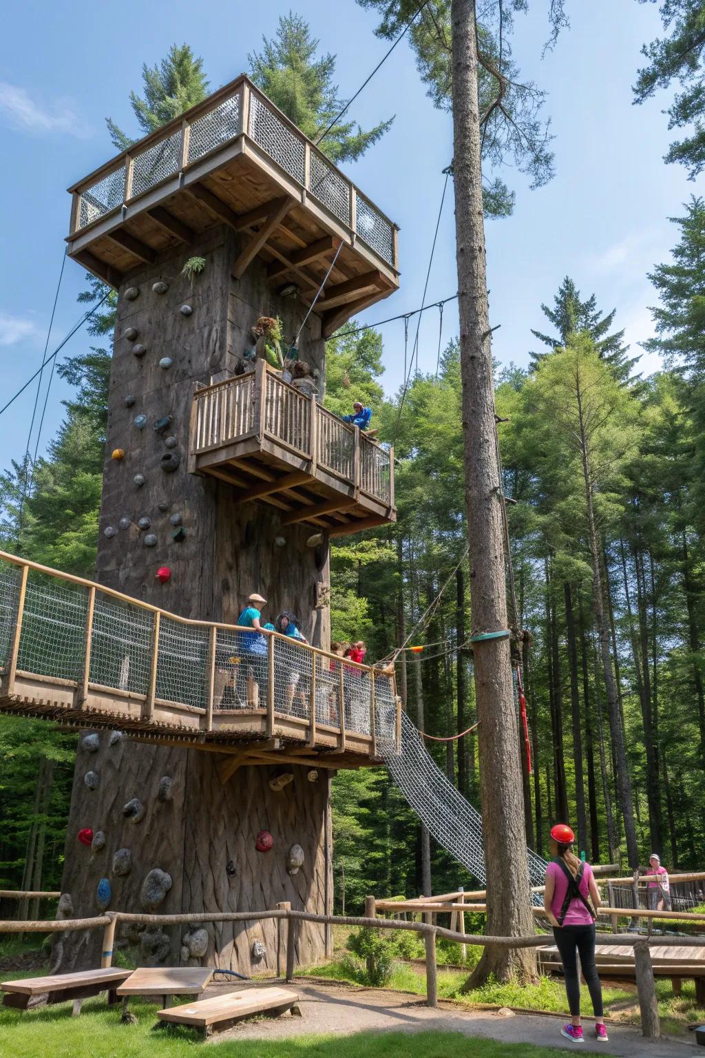 A multi-level tree house with rock climbing walls and rope bridges, perfect for adventure.