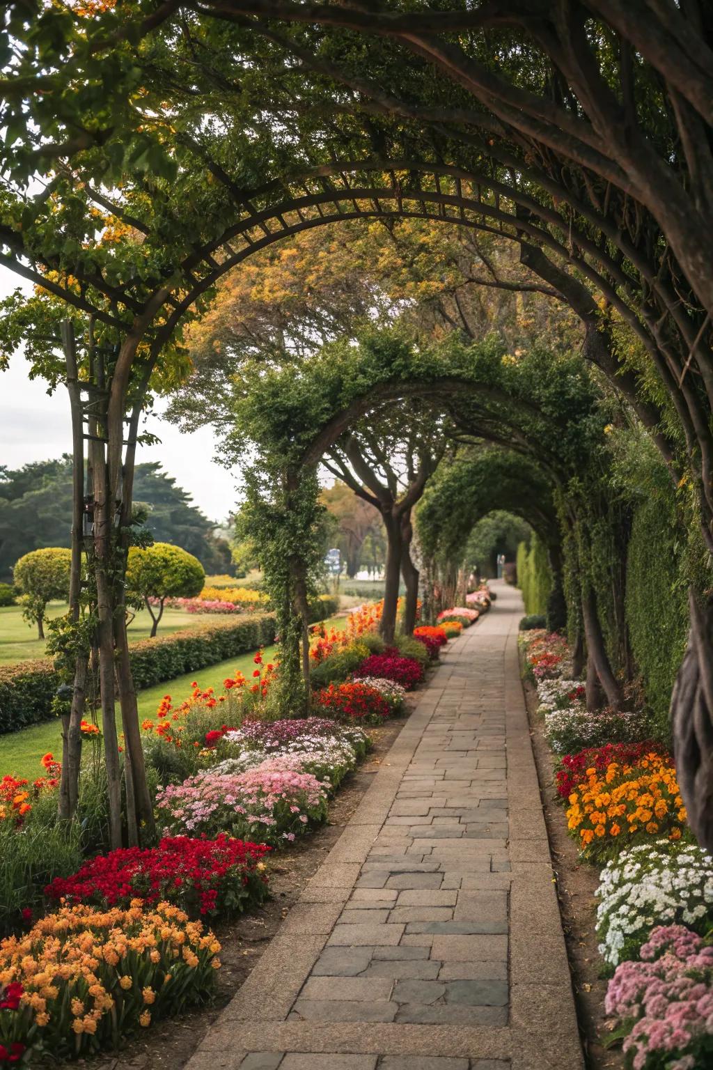 Arched tree gateways offer a charming entrance to any garden.