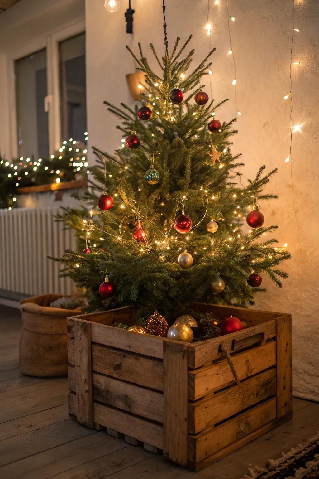 Vintage crates provide a nostalgic base for your tree.