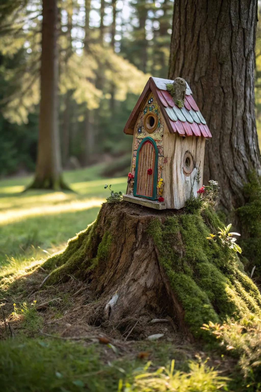 A delightful gnome's home crafted from a tree stump.