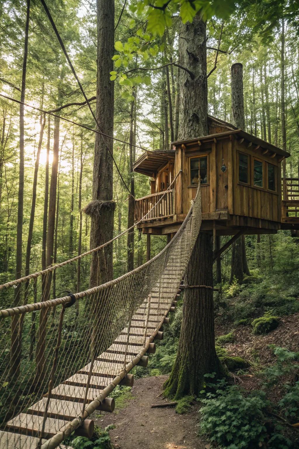 A thrilling rope bridge leading to a hidden treehouse.