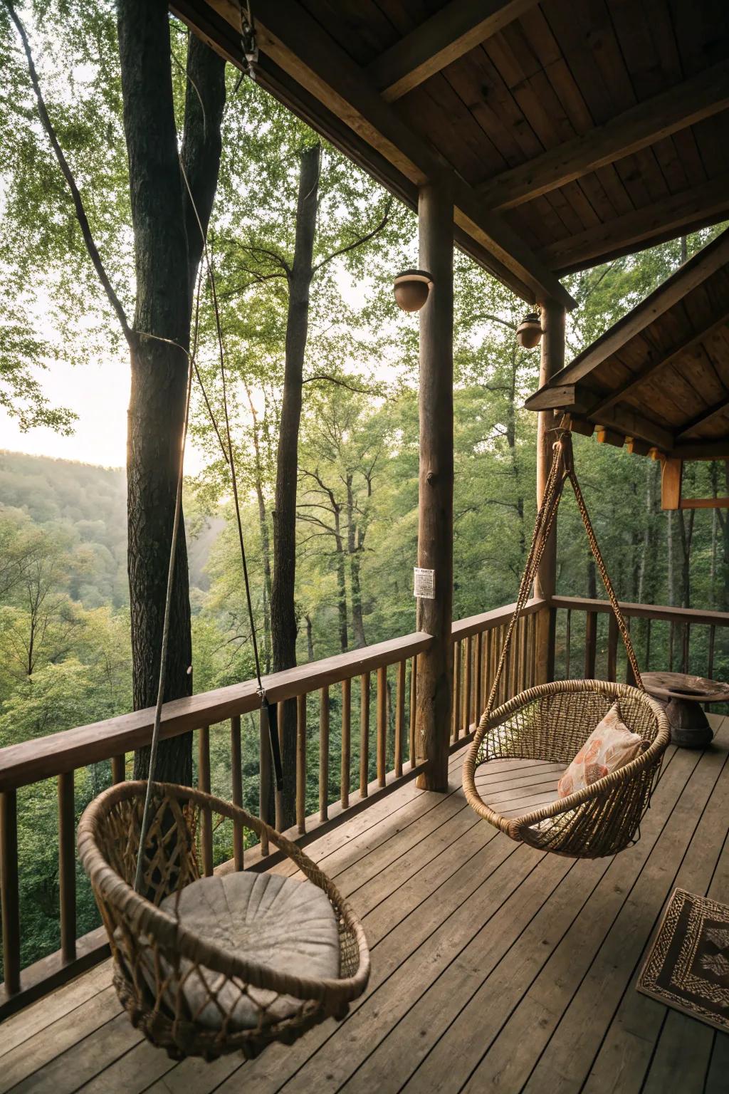 Swinging chairs add a playful element to your treehouse.