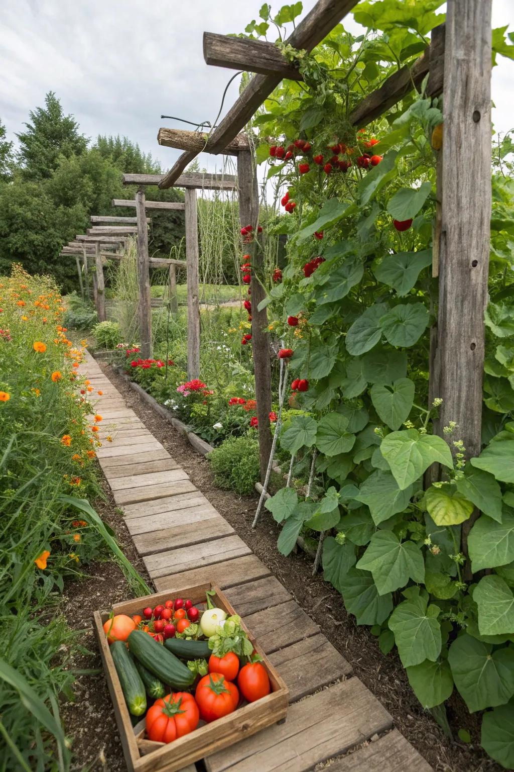 A rustic wood trellis supporting vegetables in a garden.