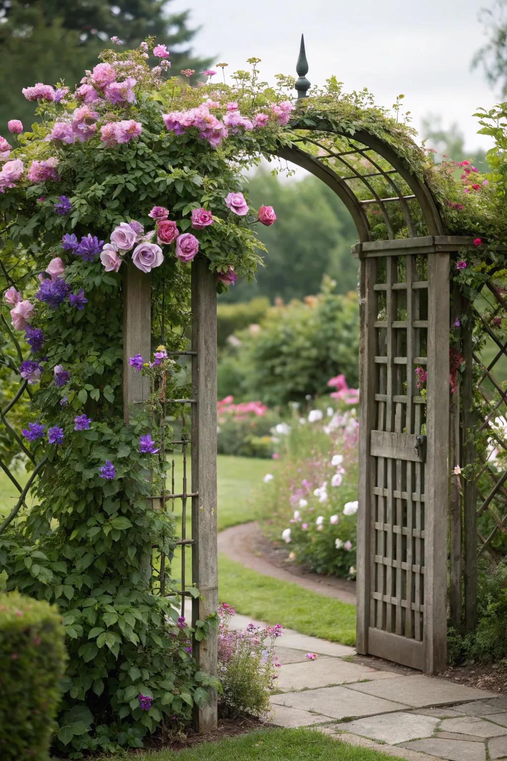 A floral trellis gate bursting with colorful blooms.