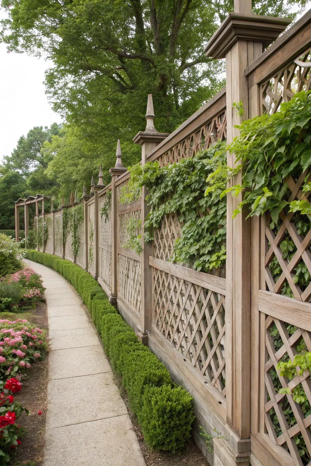 Geometric patterns on a trellis create artistic flair.