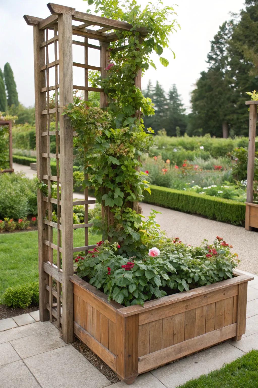 A trellis with a planter box offers greenery and practicality.