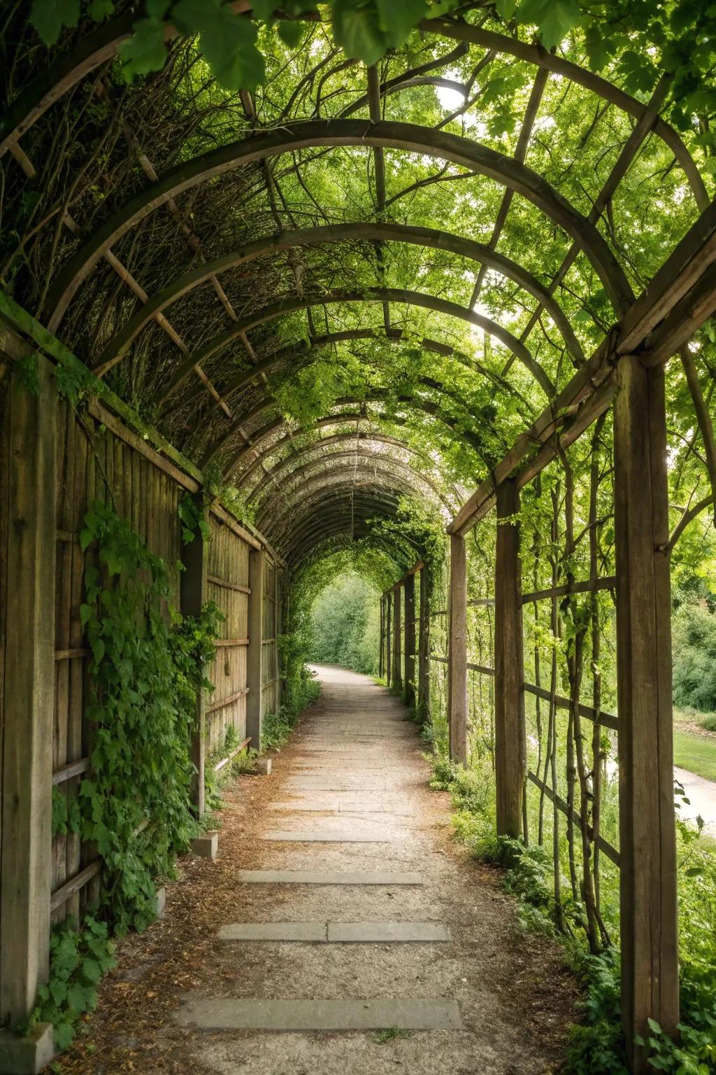 An elegant blend of rustic wood and metal in a garden trellis tunnel.