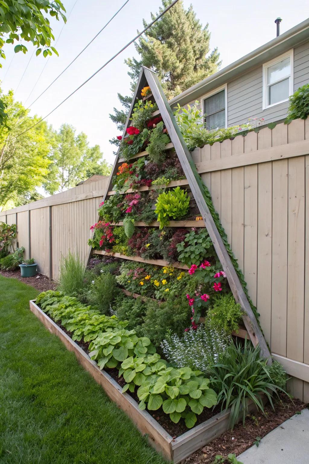 A vertical garden brings greenery and life to a triangular backyard.