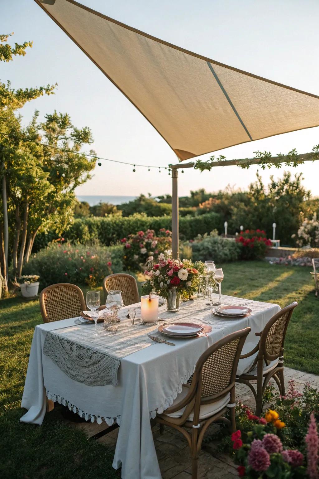 A triangle sun shade creates the perfect garden dining ambiance.
