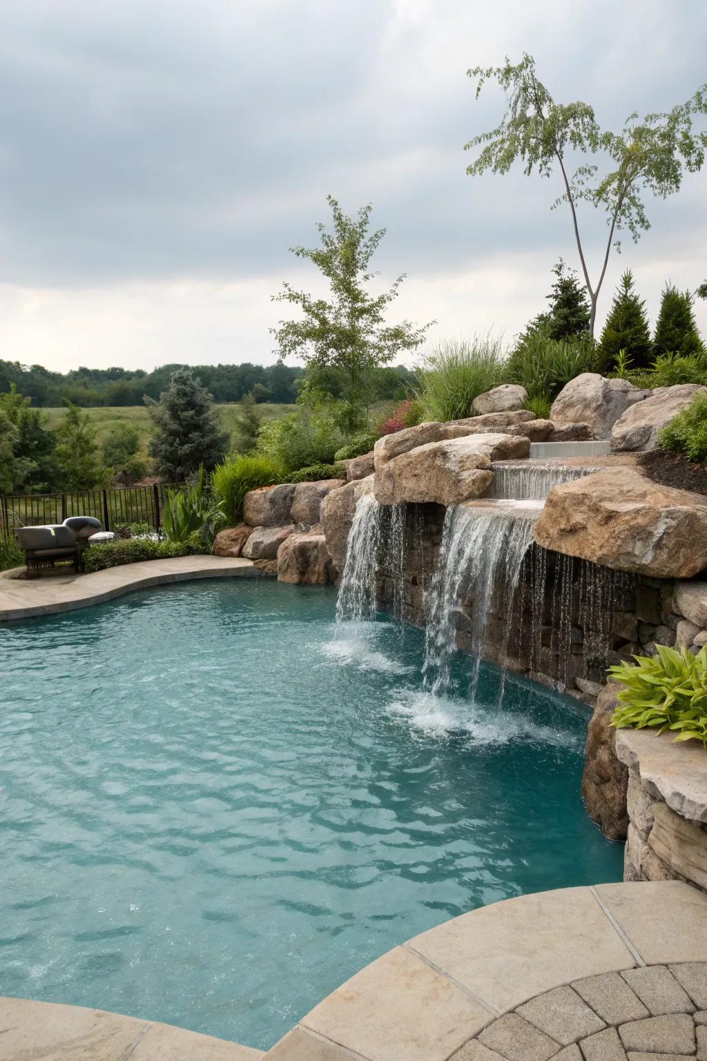 A waterfall brings movement and tranquility to your poolside oasis.