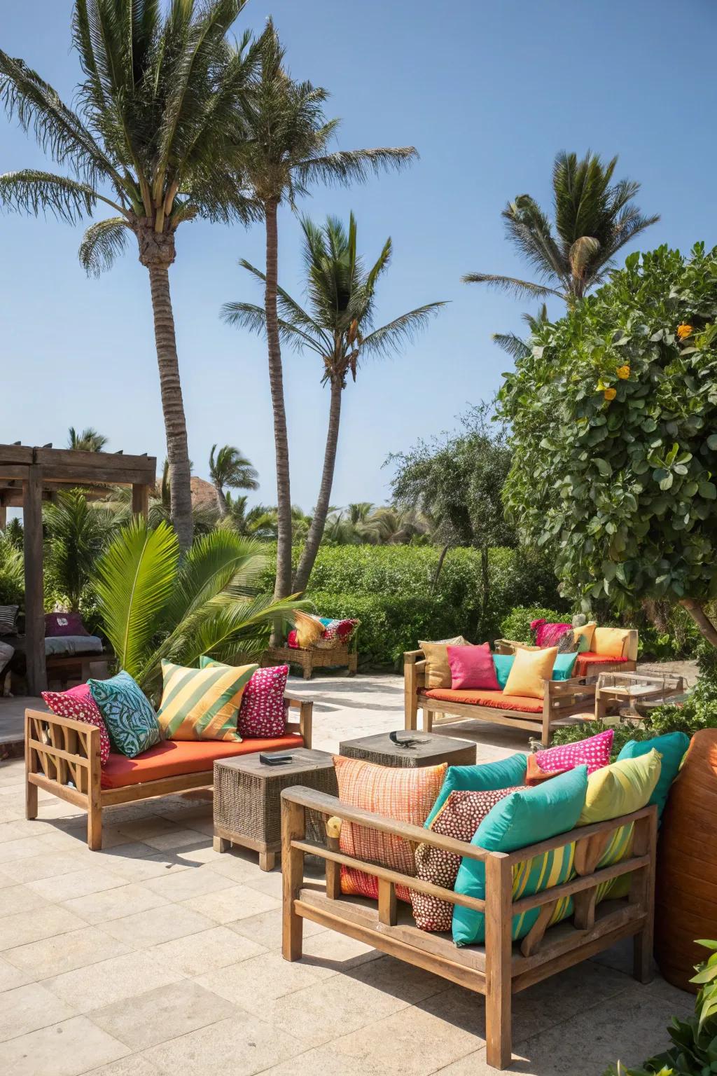 A cozy outdoor seating area with colorful cushions invites relaxation.