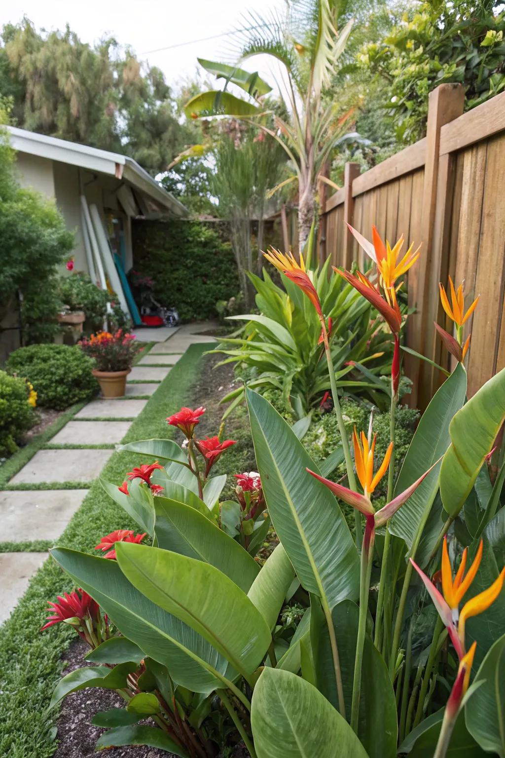 Exotic plants like bird of paradise add a unique tropical touch.