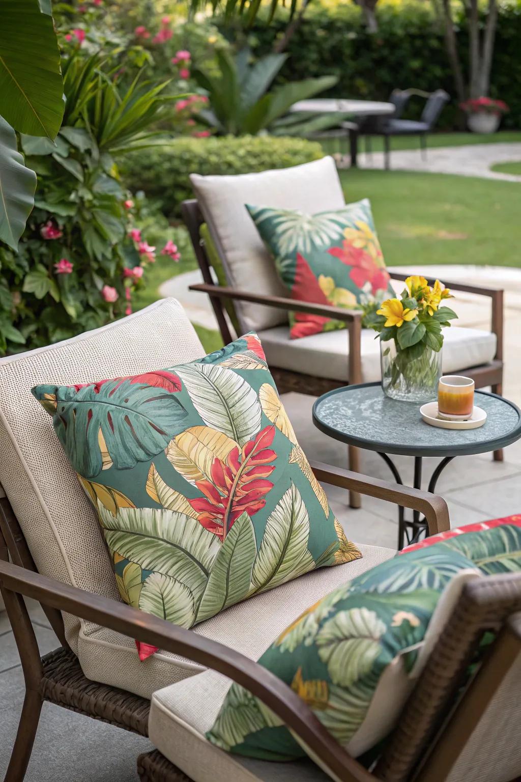 Cozy seating with tropical-print pillows.