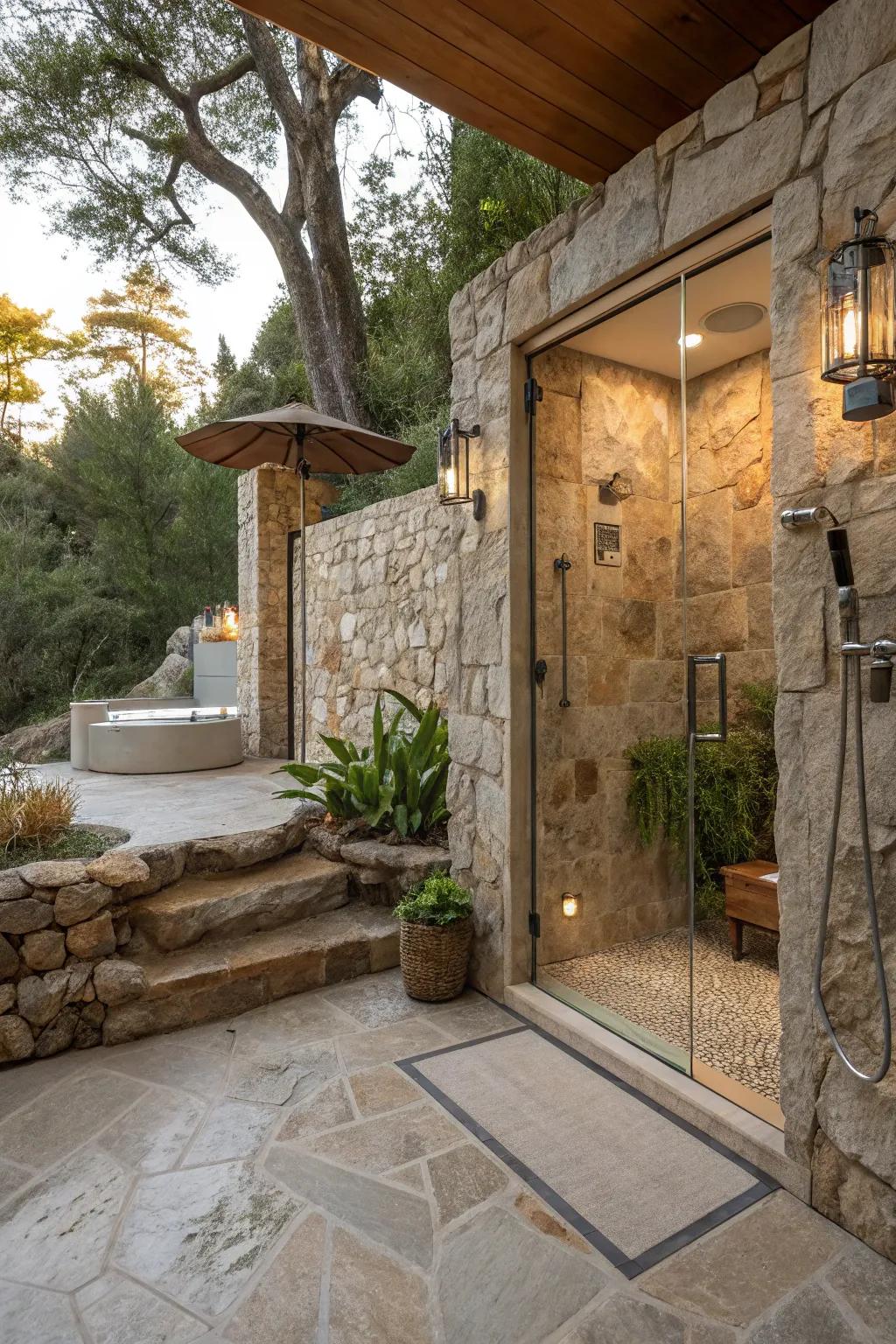 Create a serene and luxurious atmosphere with natural stone elements in your outdoor shower.
