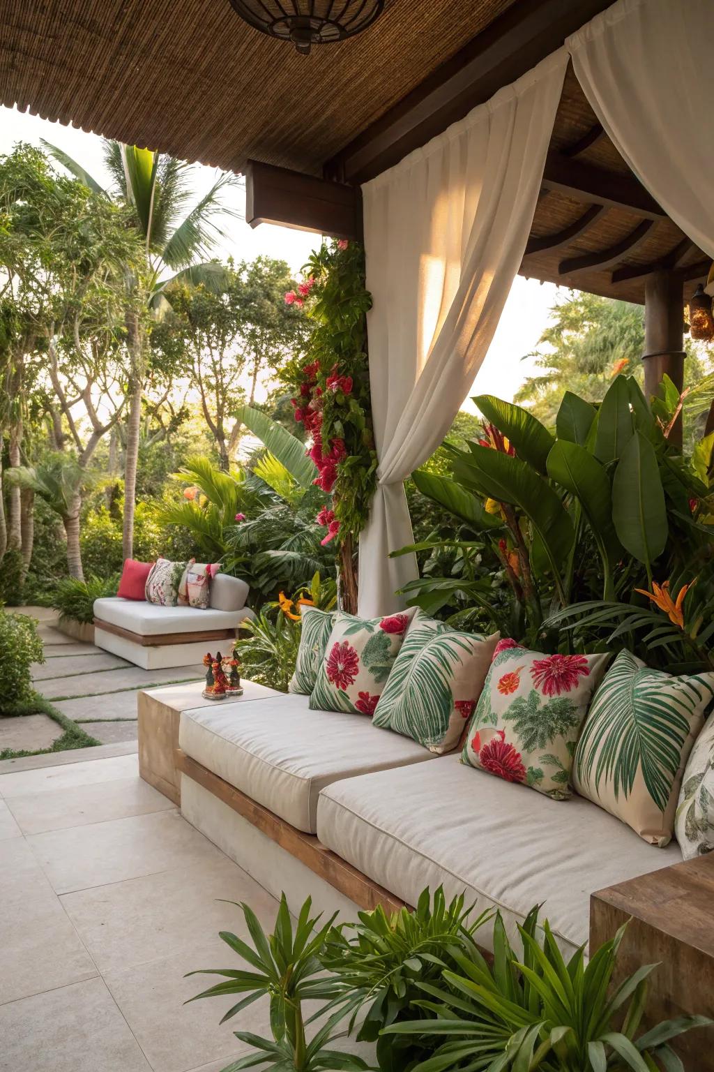 Plush seating and vibrant cushions create a welcoming tropical retreat.