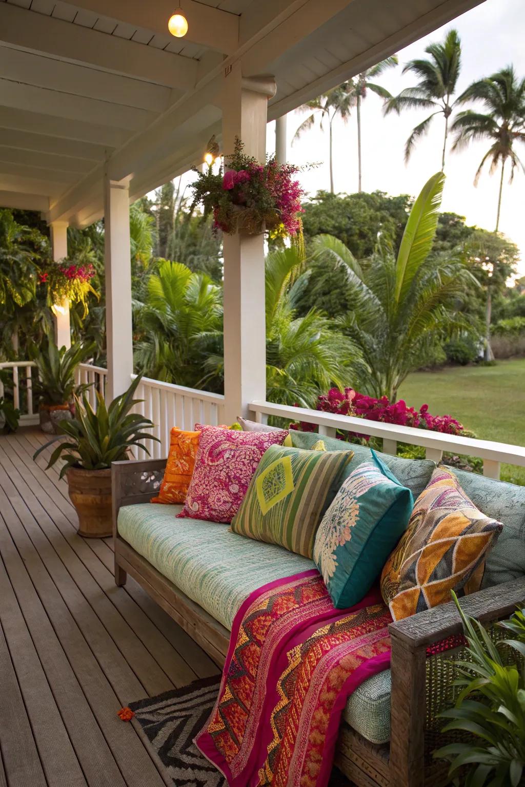 Bright color accents bring energy to a tropical porch.