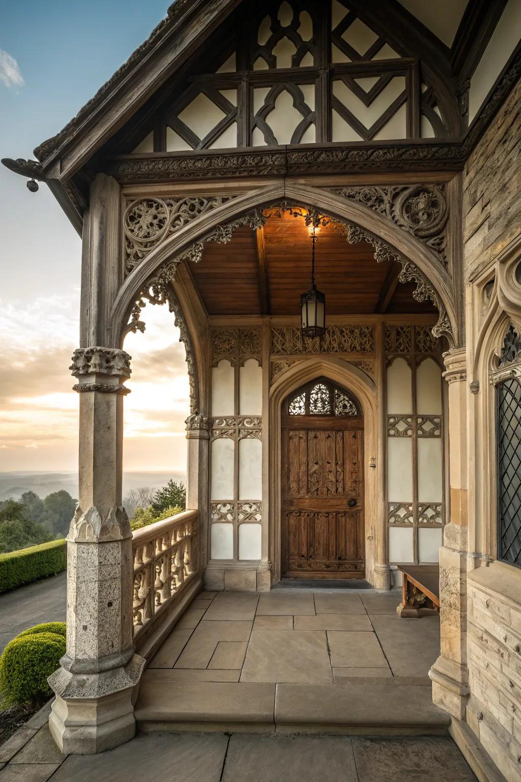 An arched doorway provides a warm and inviting entrance to this Tudor porch.
