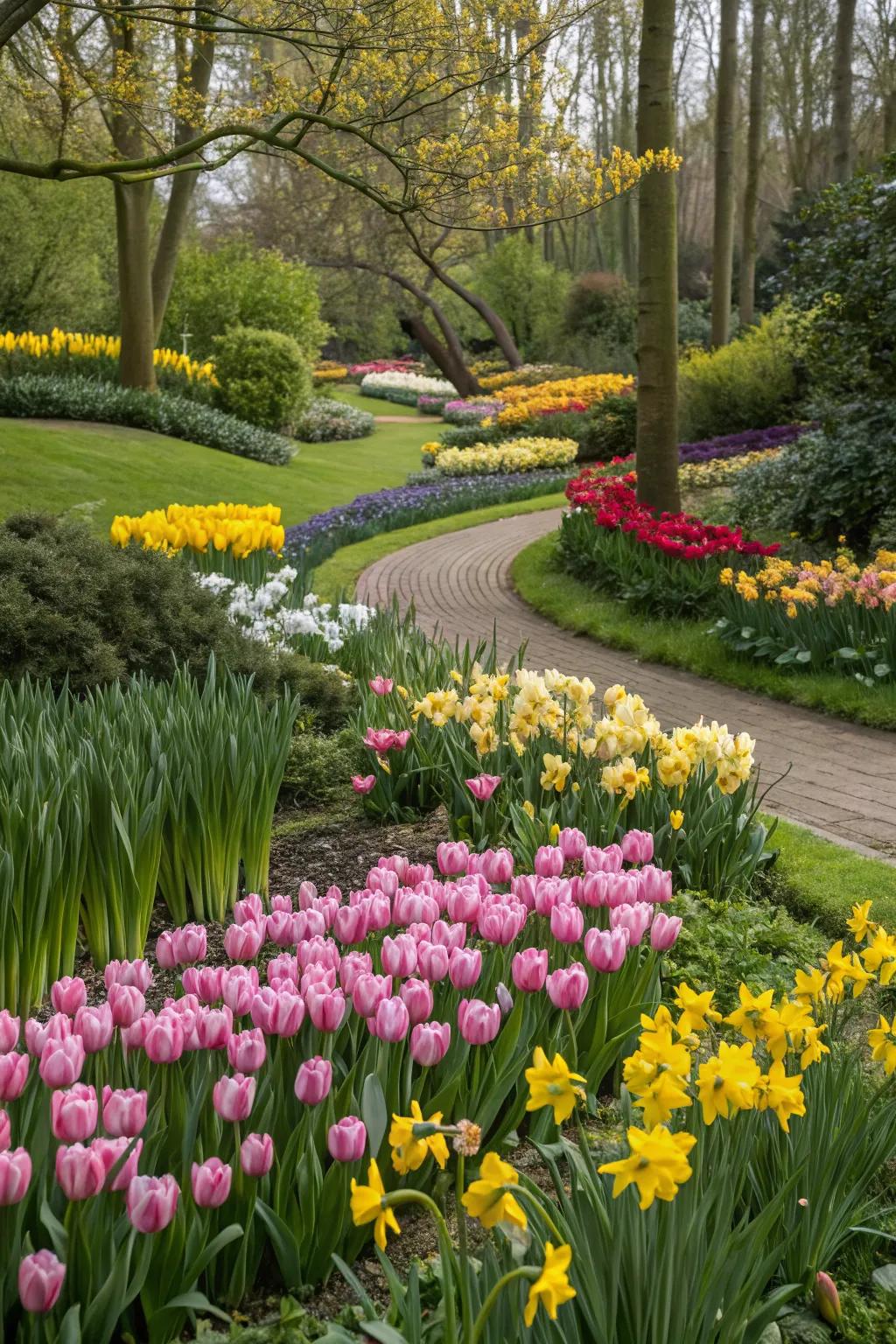 Colorful variations of tulips and daffodils bringing contrast to the garden.
