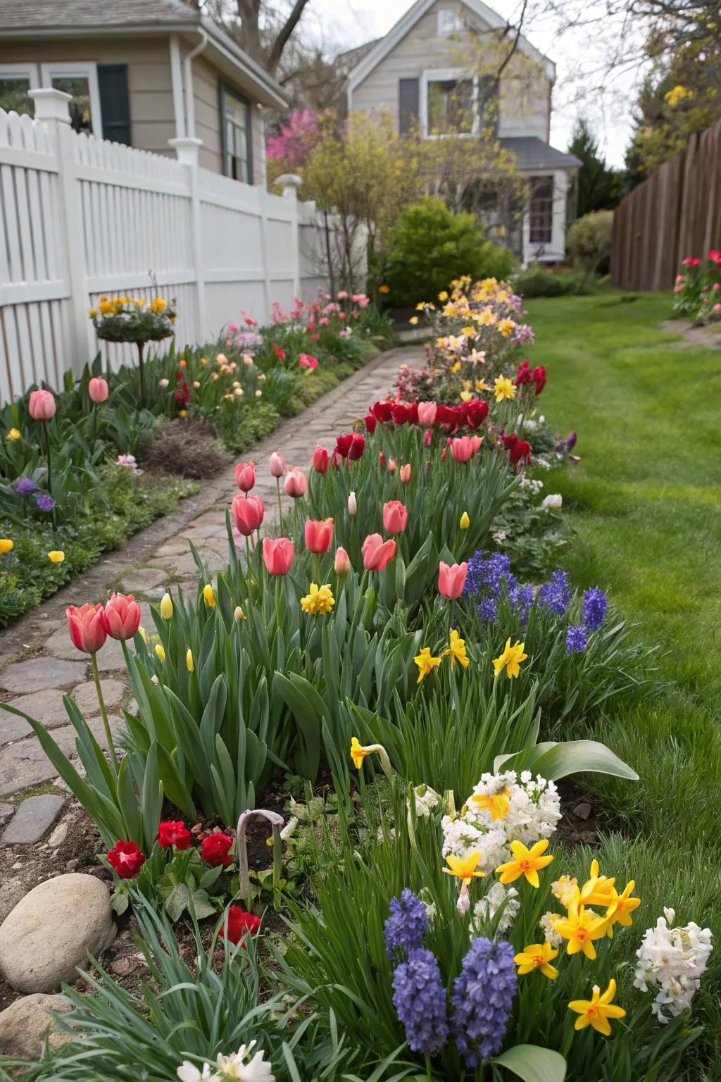 A mixed bed of tulips, hyacinths, and daffodils offers a layered display.