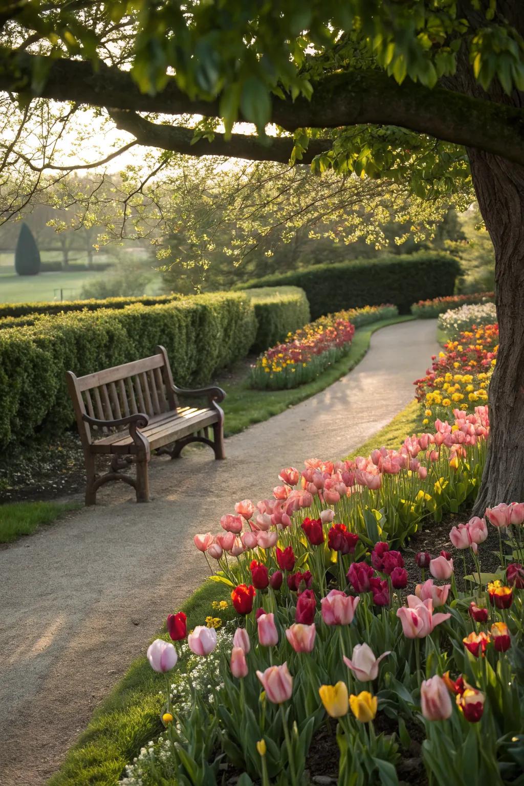 Tulip borders elegantly define garden paths.