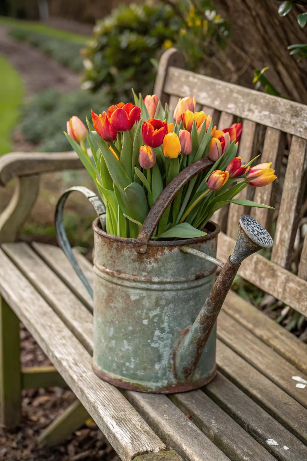 Rustic charm with tulips in a vintage watering can.