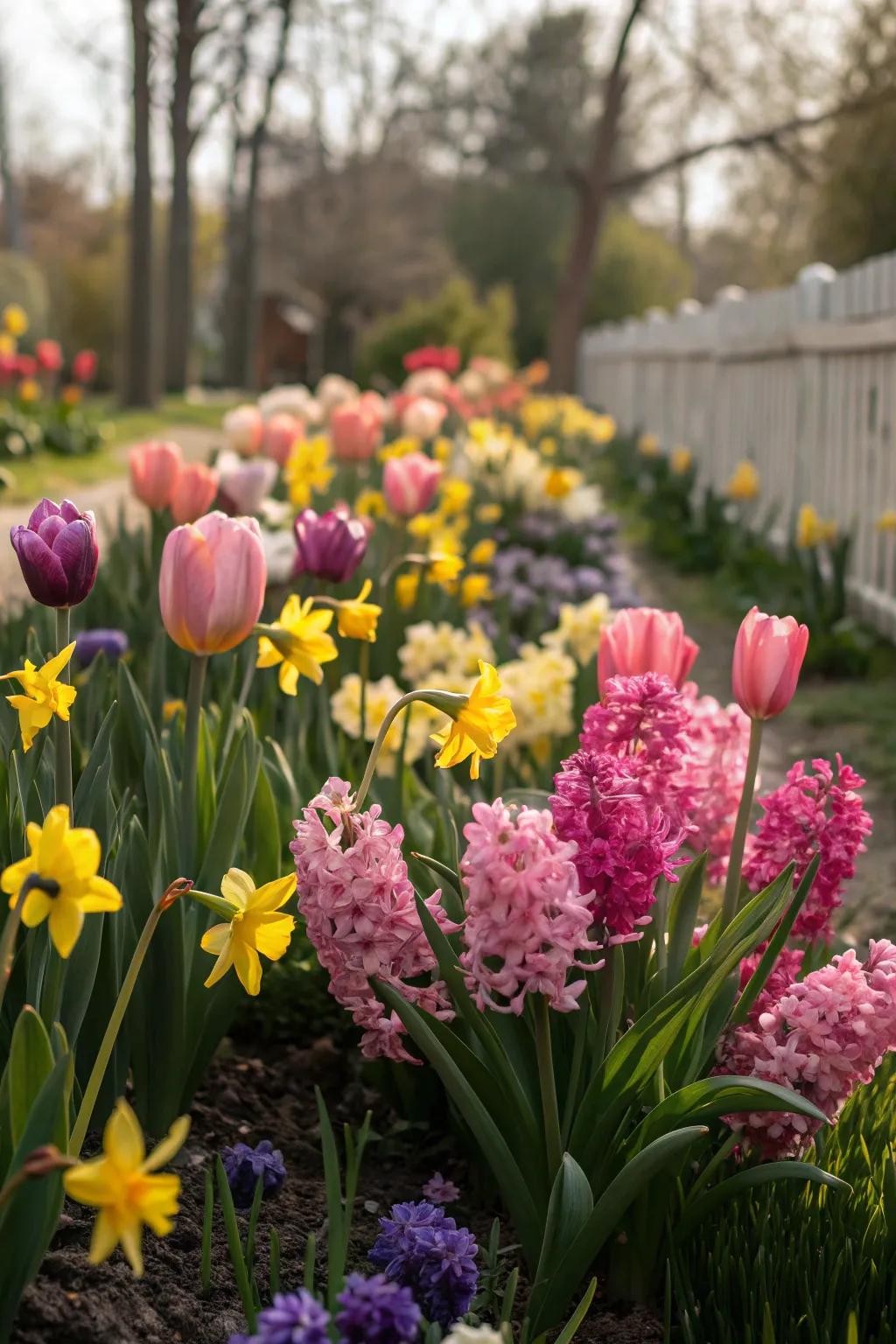 A garden bed with a harmonious mix of tulips and other spring flowers.